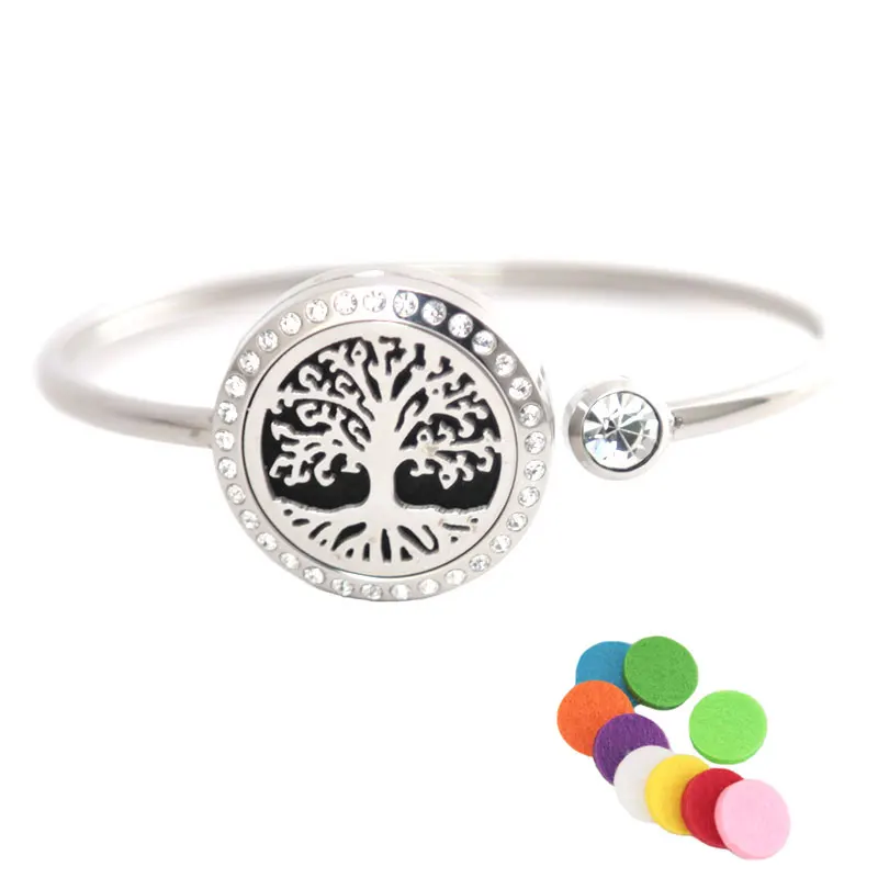 Нержавеющая сталь 25 мм магнит кристалл ароматерапия браслет эфирное масло медальон со светорассеивателем Открытый браслет с деревом