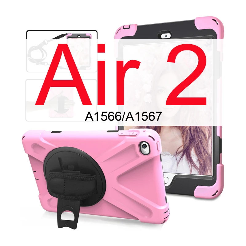 Чехол для iPad Air 1 2 9,7 детский противоударный сверхпрочный силиконовый Жесткий чехол+ ремешок на руку для iPad Air 2 Чехол 5 6 Чехол подставка - Цвет: Pink for air 2