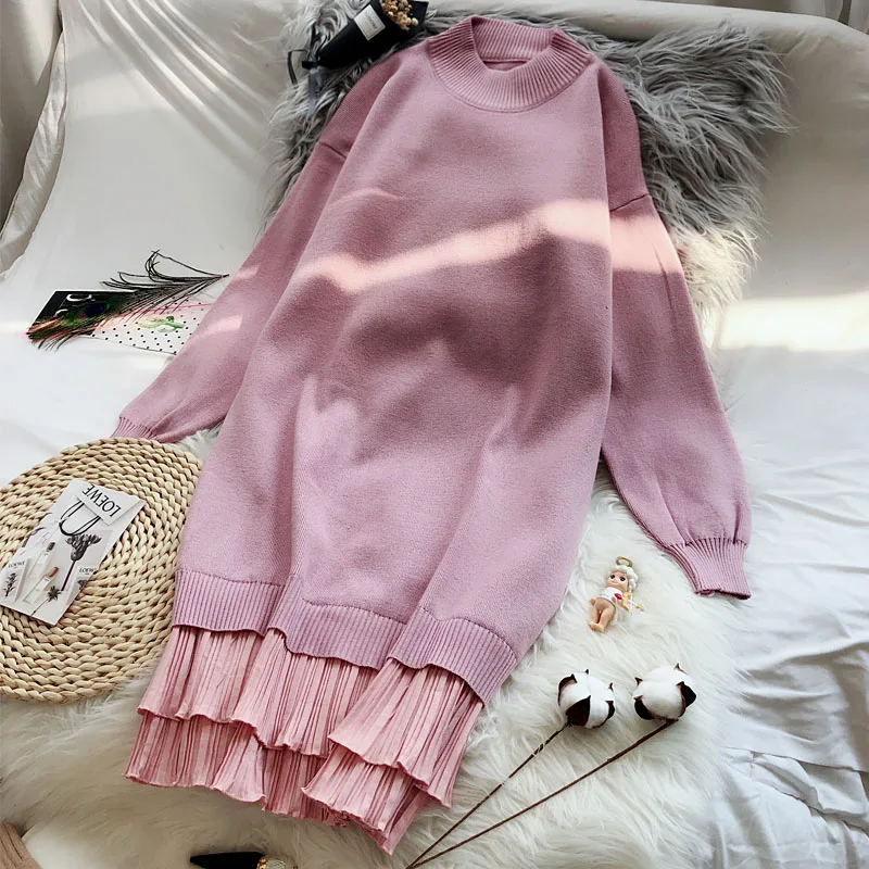 

2019 New Autumn and Winter Women Fashion O-neck Solid Sweater Dress Knitted Loose Thick warm Dress Office Lady Dresses LU2024