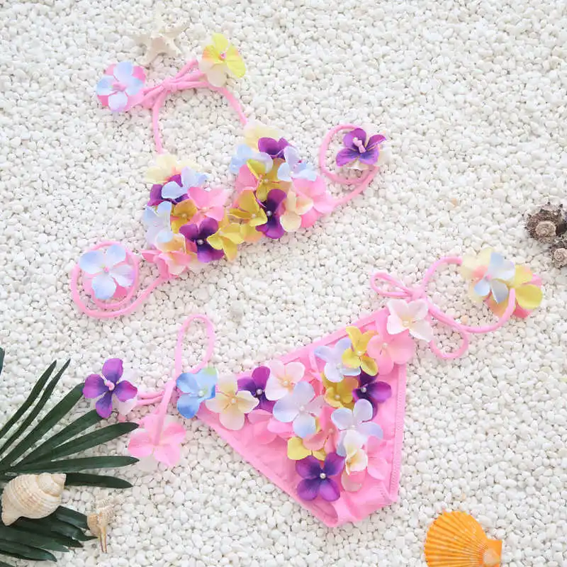 

2018 Handmade Floral Swimsuit For kids Girls Two Piece Children Swimwear Swim Suit Pink Cute Halter Baby Beachwear 2-10 Years
