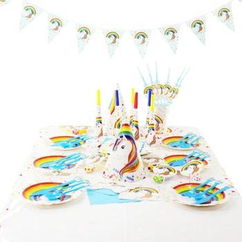 

16pcs High Quality Unicorn Party Disposable Tableware Set Kids Party Paper Cup Plate Hat 1st First Birthday Party Decor Supply