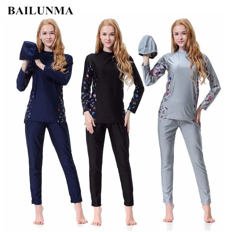 

Muslim Swimsuit Islamic swim wear Women Burkinis Wear Bathing Suit Women Modest swimwear Patchwork Full Cover Long Sleeve B1008