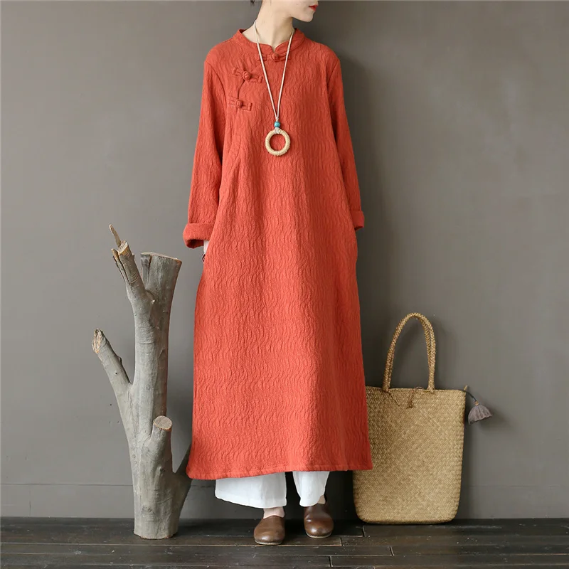 Женское винтажное платье в китайском стиле Johnature однотонное жаккардовое