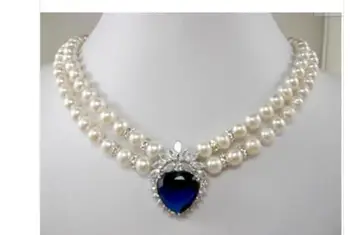 

2 row white pearl blue heart crystal Pendant Necklace 17" GOLD CLASP Factory Wholesale price Women Gift word Jewelry