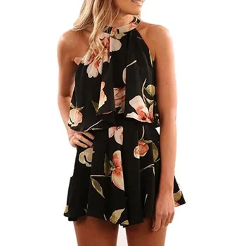 

2 Piece Set Women Halter Floral Printing Summer Beach Vest Shirt Tops Shorts Set Ensemble Femme 2 Piece Outfits For Women
