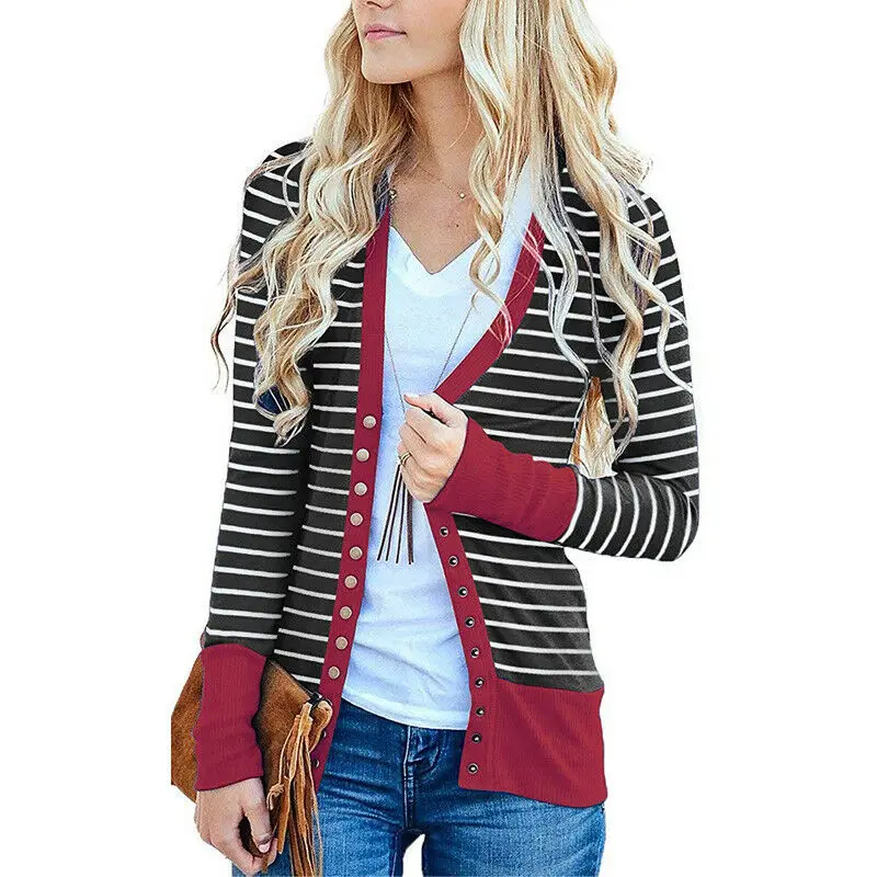 

5 Colors Women Cardigan Winter Striped Blue Button All-matching Loose Sweater Long Sleeve Knitted Cardigan Outwear Jacket Coat