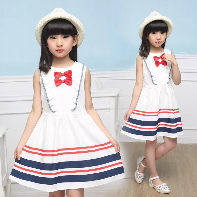 

2016 Summer New Korean Girls Bow Striped Children Dress A-Line Military Style Navy Fringe Swing Dresses For Girls 4-14 Years Old