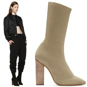 

Real Photo Hot Selling Beige Green Knit Ankle Boots Size 10 Pointed Toe Thick Heel Short Spring Fall Boots Woman botas mujer