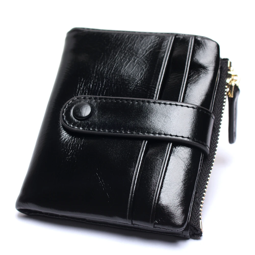 Женский кошелек из натуральной кожи, мини-держатель для карт, Дамский кошелек с масляной вощеной застежкой, Короткие Кошельки, кошелек, сумочка для монет - Цвет: Black