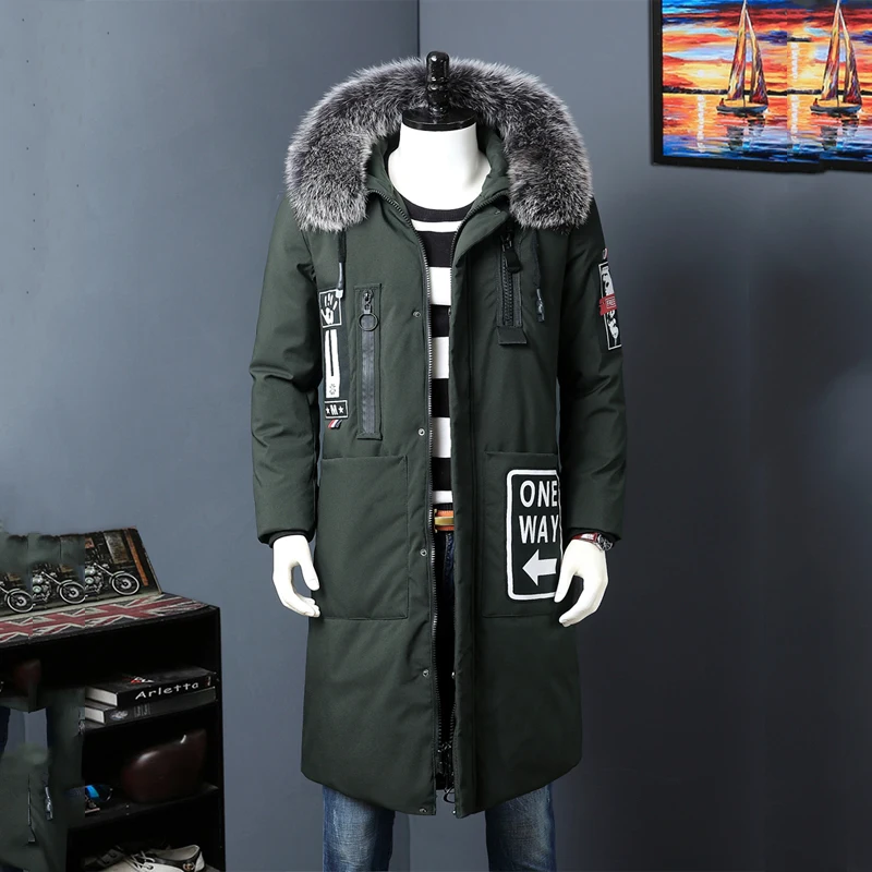 

Windproof X-Long down jacket for men letter printed zipper fur collar white down jacket men fashion design overcoat Shark brand