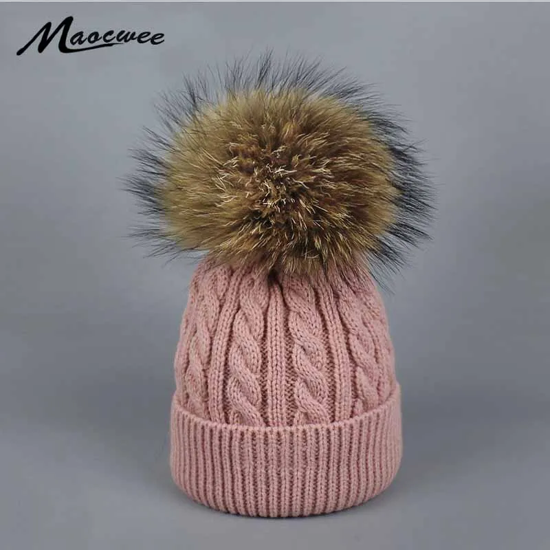 

Children Hat Cap With Nature Raccoon Fur Pompons Made of Natural Fur Balaclava Skull Face Mask Winter Skiing Warm Top Hat Bonnet