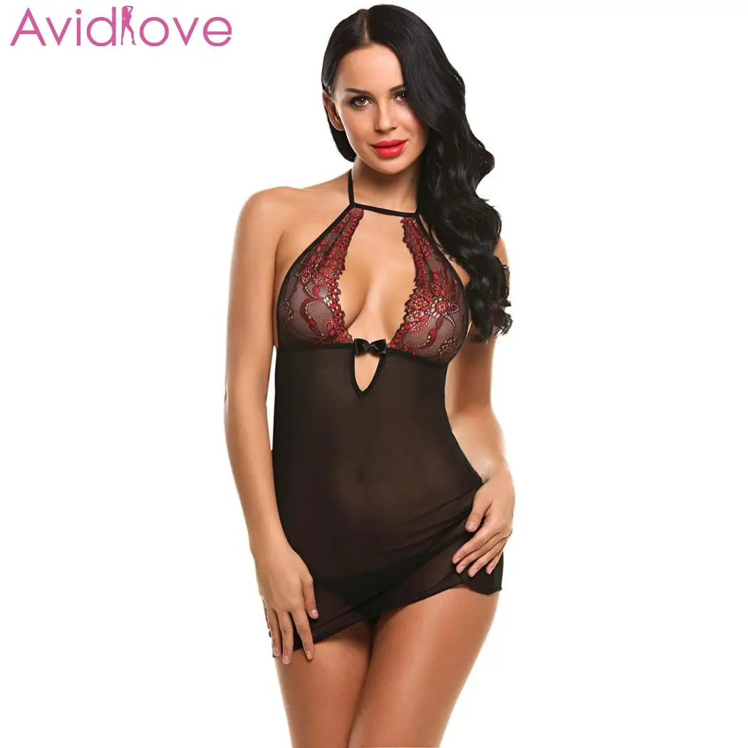 

Avidlove Women Sexy Underwear Sexy Lingerie Erotic Costumes Babydoll Nightwear Patchwork Mini Hollow with G-string Halter Lace