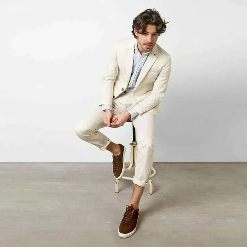 

Latest Coat Pants Design Ivory Linen Business Men Suits Wedding Groom Tuxedo 2Piece Terno Masculino Costume Homme Man Blazers