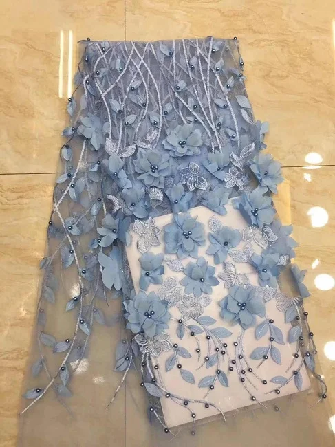 

Latest African Laces Light Blue 3D Flower Fabric High Quality African Dresses For Women Nigerian Lace Fabrics F11