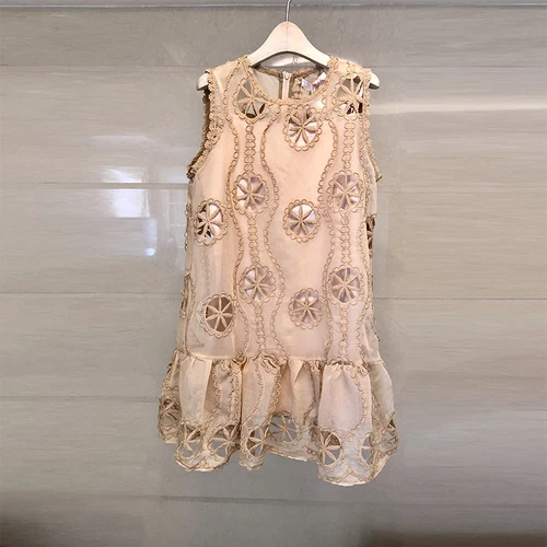 

Elegant Floral Embroidery Hollow Out Lace Crochet Ruffles Dress 2019 Summer Women 's Sleeveless O-neck A-Line Mini Vest Dress
