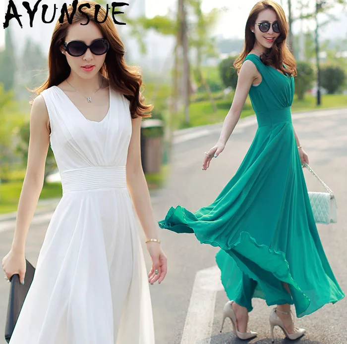 

AYUNSUE Summer Dress 2019 Long Beach Dresses Chiffon Vestidos Boho Verano Robe Femme Elegant White Green KJ015