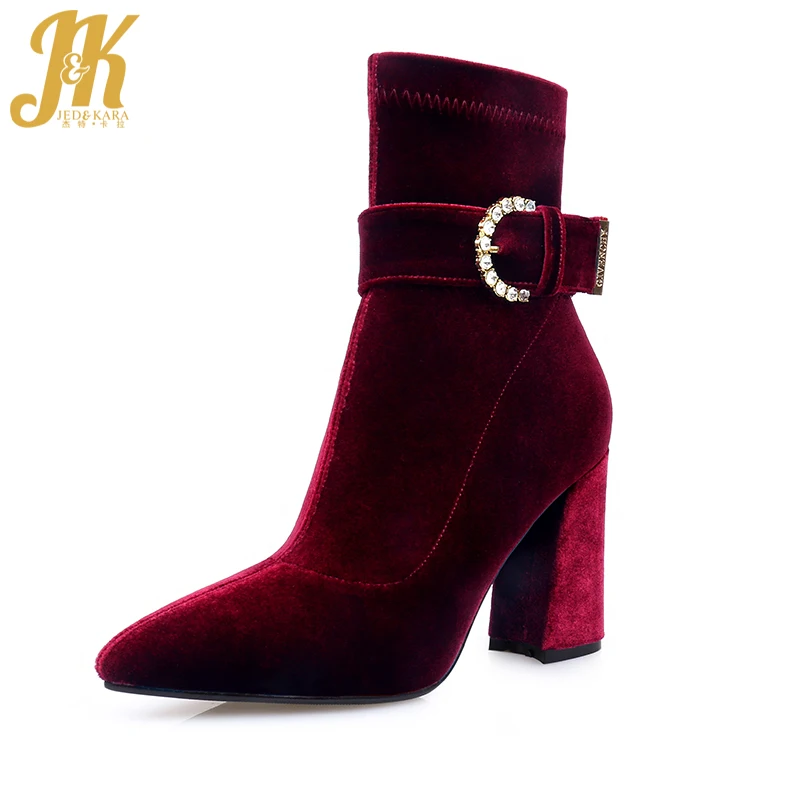 

JK Brand Design Ankle Boots 2018 New Velvet Buckle Strap Spring Boots Women's High Heel Shoes Zipper Pointed Toe Female Shoes