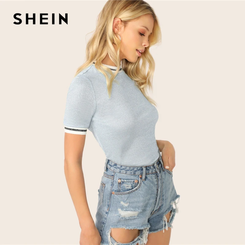  SHEIN Glitter From Fitting Ringer Tee Spring Summer Autumn Slim Fit Blue Stand Collar Striped T Shi