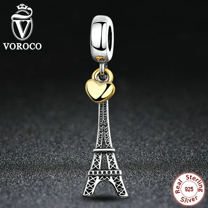 VOROCO Classic 925 Sterling Silver EIFFEL TOWER PENDANT CHARM with Heart Charms Fit Pandora Bracelets Women