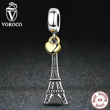 VOROCO Clásico 925 EIFFEL TORRE COLGANTE DEL ENCANTO con Encantos Del Corazón Fit Pandora Pulseras Mujer Accesorios PS348