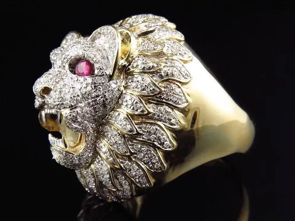 Hiphop Paved Rhinestone Lion Shape Party Ring Hyperbole Creative Gold Color Rings For Men Fashion Men Jewelry Gift