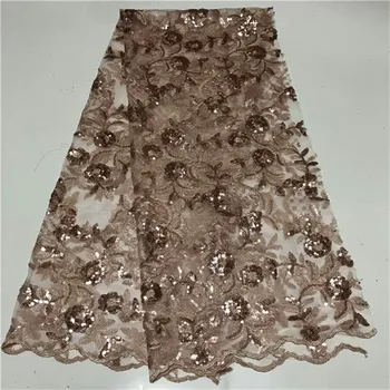 

New fashio Champagne embroidery tulle lace fabric with sequins 2019 latest high quality french 3d lace fabric for dress