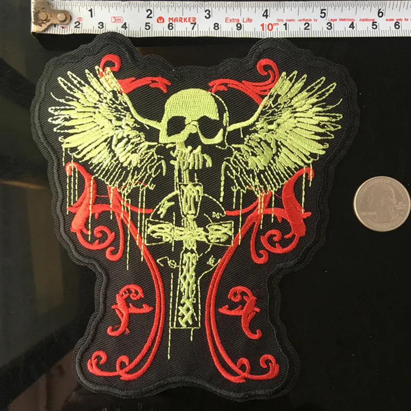 

PGY Big Skeleton Punk Skull Patch Iron Biker Morale Wings Back Patch Stalker Badge Large Embroidery Patches For Clothes Stripe