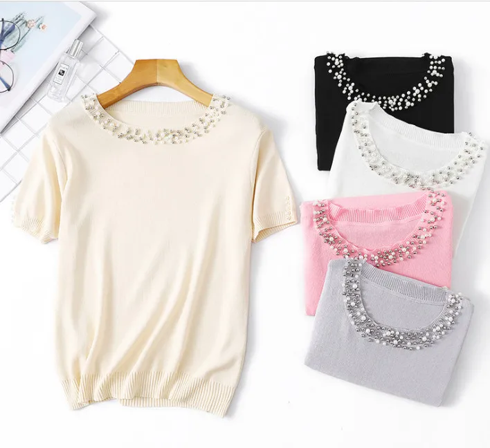 

Retro Women Short Sleeve Handmade Pearl Beading Ladies Tee Tops Summer Solid Weekend Casual Fit Round Neck Knit Basic T Shirt