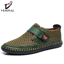 VESONAL Brand Spring Summer Genuine Leather Mesh Breathable Handmade Shoes Men Casual High Quality Male Footwear Brown Green