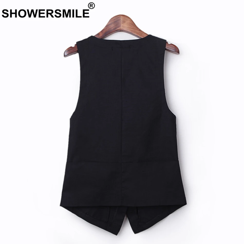 SHOWERSMILE Gilet Vests For Women Black Linen Waistcoat Female Short Light Weight Slim Ladies Spring Summer Sleeveless Jackets
