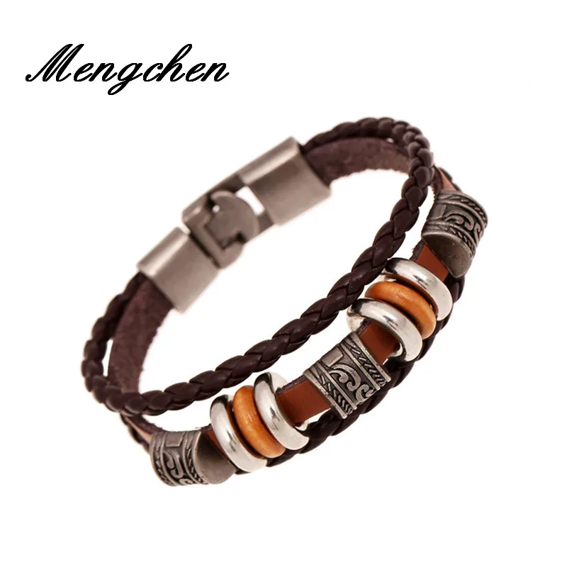 

Vintage Beads Bracelet Handmade Woven Elegant Brown Leather Bracelets & Bangles For Women Men Jewelry Fashion Accessory