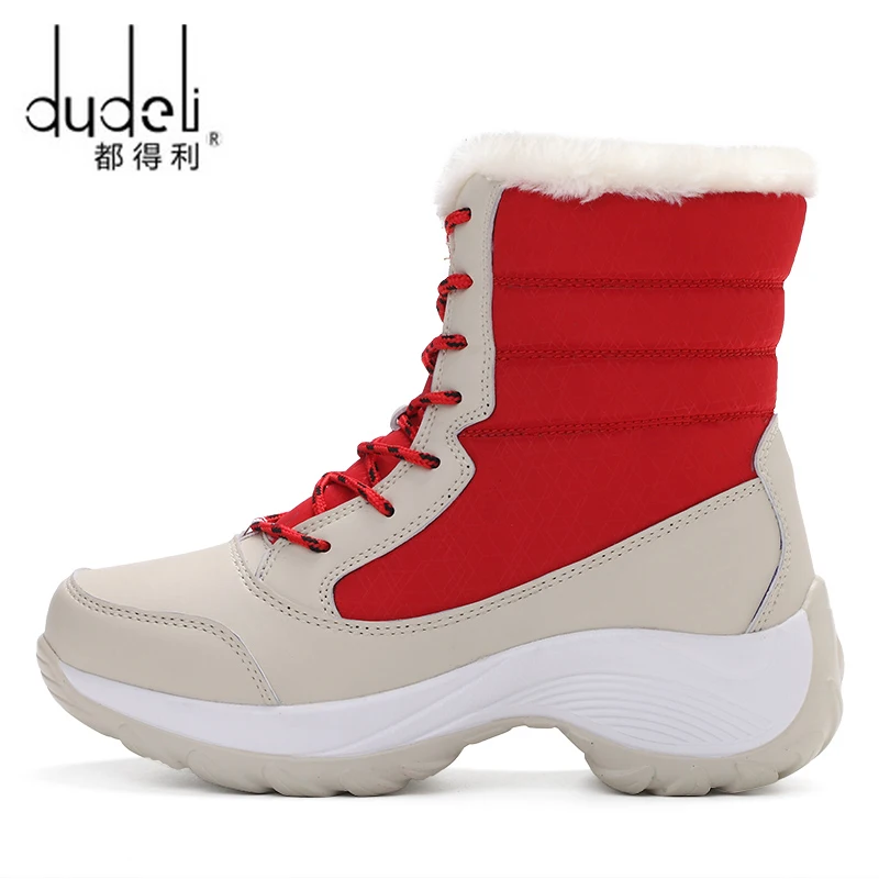 Dudeli зима Для женщин прогулки Сапоги и ботинки для девочек Новое поступление красный Термальность высокие Кружево до Спортивная обувь для Для женщин Открытый плюшевые удобные ботинки