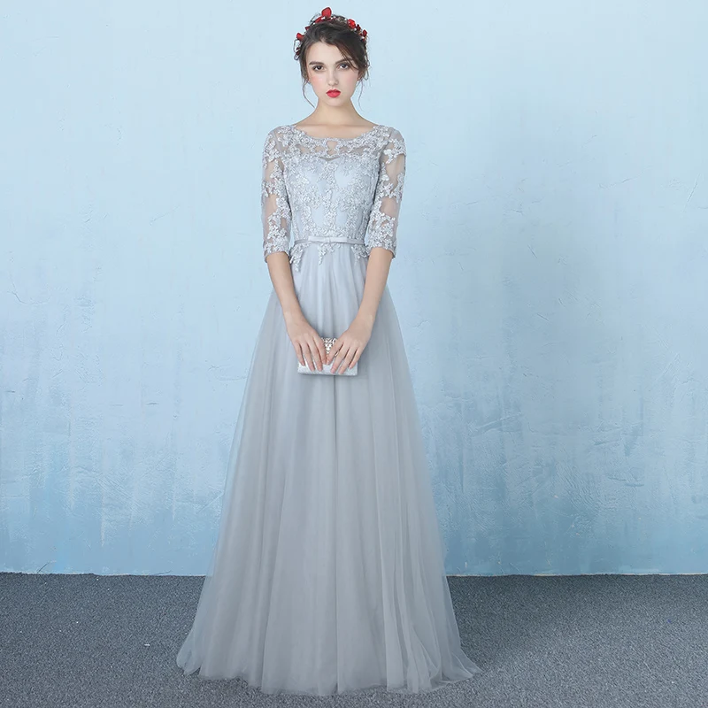 Robe De Soiree Light Grey Evening Dresses Long 2019 Tulle With Lace Half Sleeves Party Formal Prom Dress Abendkleider Abiye