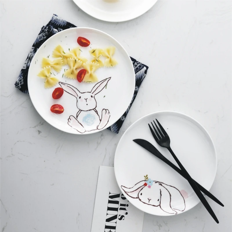 1PC 8 inch Ceramic Dinner Plate Rabbit Animal Dinner Dishes Pasta Steak Dessert Plates Fine Bone China Kitchenware