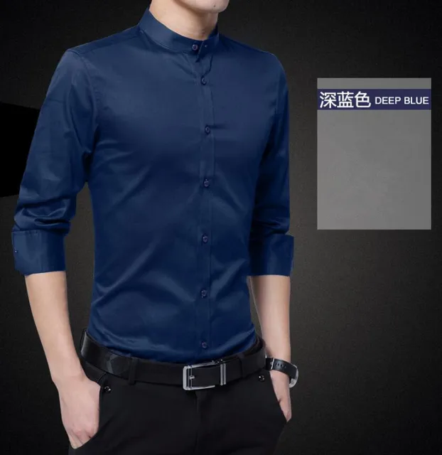 Classic Solid Color Cotton Stand Collar Dress Shirts For Men Long ...