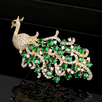 

Zlxgirl Classic and fashion women Green Cubic Zircon copper peacock wedding brooches jewelry animal Corsage Pins hijab accessory