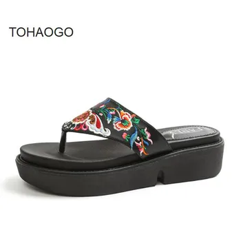 

Fashion casual summer thick bottom black embroidered women's slippers Sandals women Ethnic style handmade beaded flip flops
