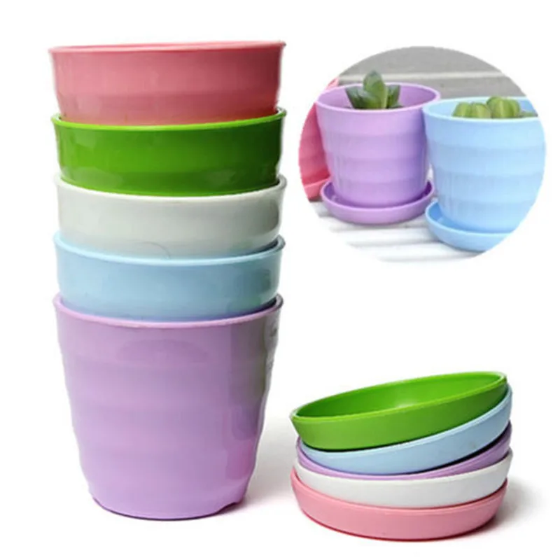 

1Pc Mini Plastic Thread Flower Pot With Tray Garden Plants Flowerpots