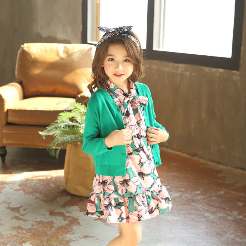 

Autumn Winter Warm Girls Cotton Knit Cardigan Children Green Purple V Neck Long Sleeve Single-breasted Clothes Knitted Sweaters