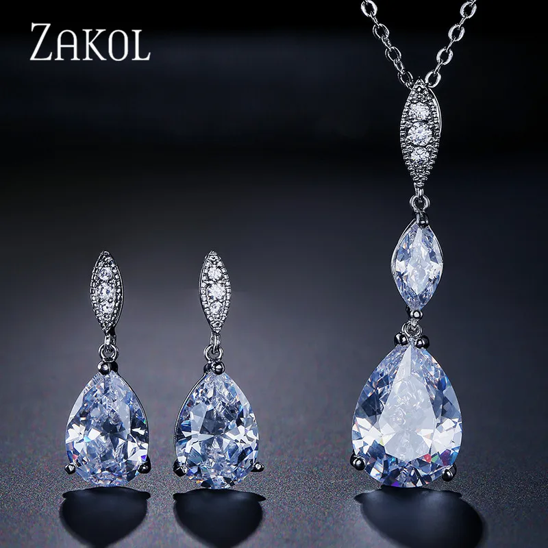 

ZAKOL Brand Water Drop Zirconia Jewelry Set High Quality CZ Crystal Stone Earrings & Pendent Necklace Set For Women Girl FSSP363