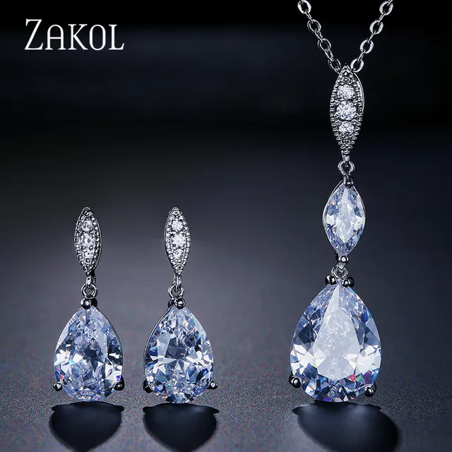 Zakol Brand Water Drop Zirconia Jewelry Set High Quality Cz Crystal Zakol Brand Water Drop Zirconia Jewelry Set High Quality Cz Crystal Stone Earrings Pendent Necklace