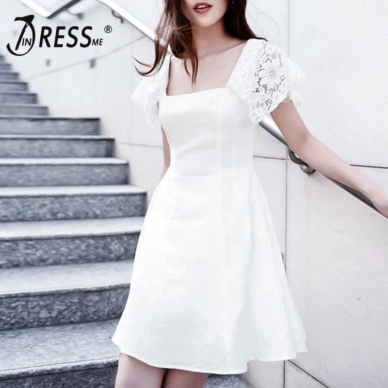 

INDRESSME 2019 New Women Solid White Short Lace Sleeve A Line Sheath Fashion Empire New Mini Dress