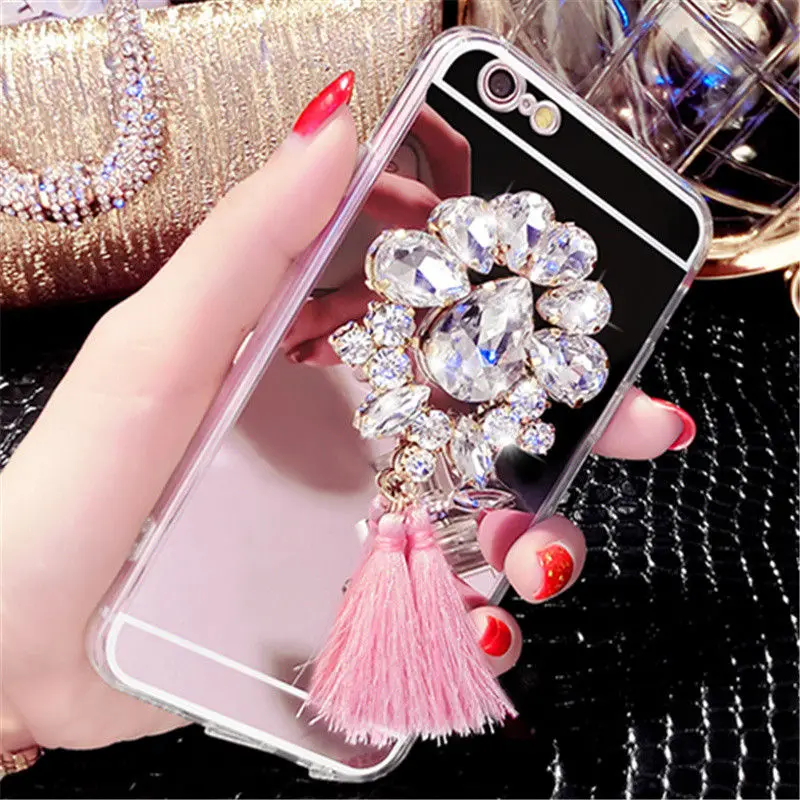

For Samsung J3 J5 J7 2016 2017 Prime J4 J6 Luxury Diamond Rhinestone Flower Tassels Mirror Soft Back cover Crystal Phone case