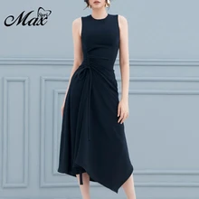 Max Spri 2019 New Sexy Solid Black Dress O-neck Tied Draped Asymmetric Hem Women Midi Dress Max Spri 2019 New Sexy Solid Black Dress O-neck Tied Draped Asymmetric Hem Women Midi Dress