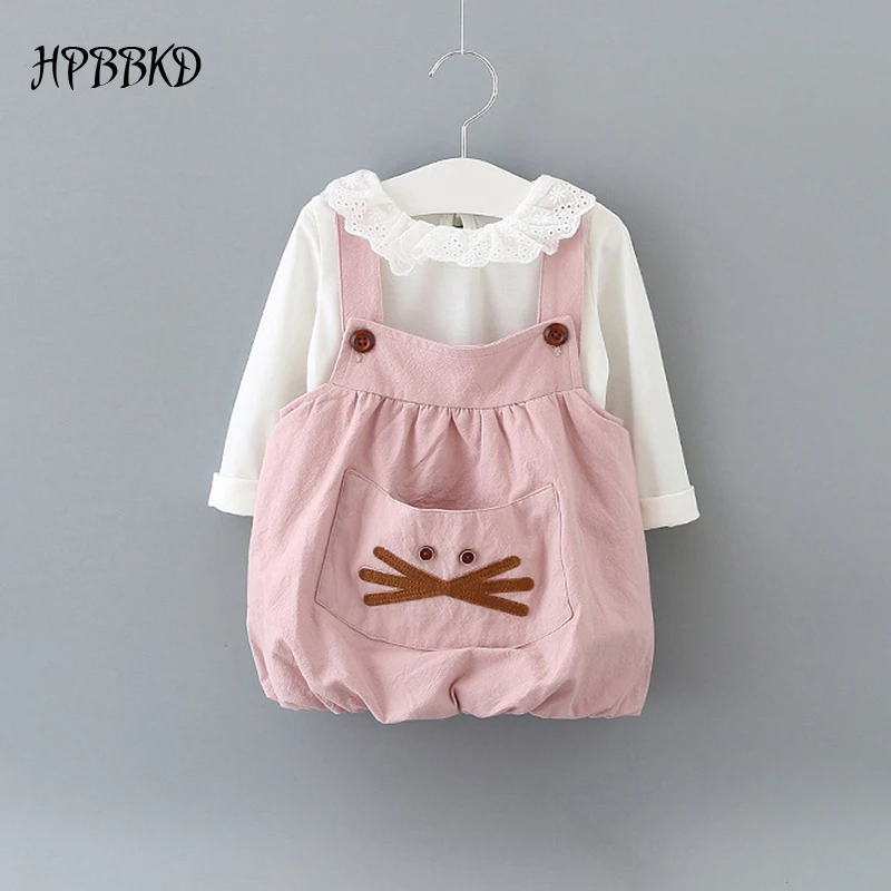 

New 2017 autumn baby girl clothing Sets fashion cotton long sleeve T-shirt and cartoon strap dress girls clothes GD-462 baby set