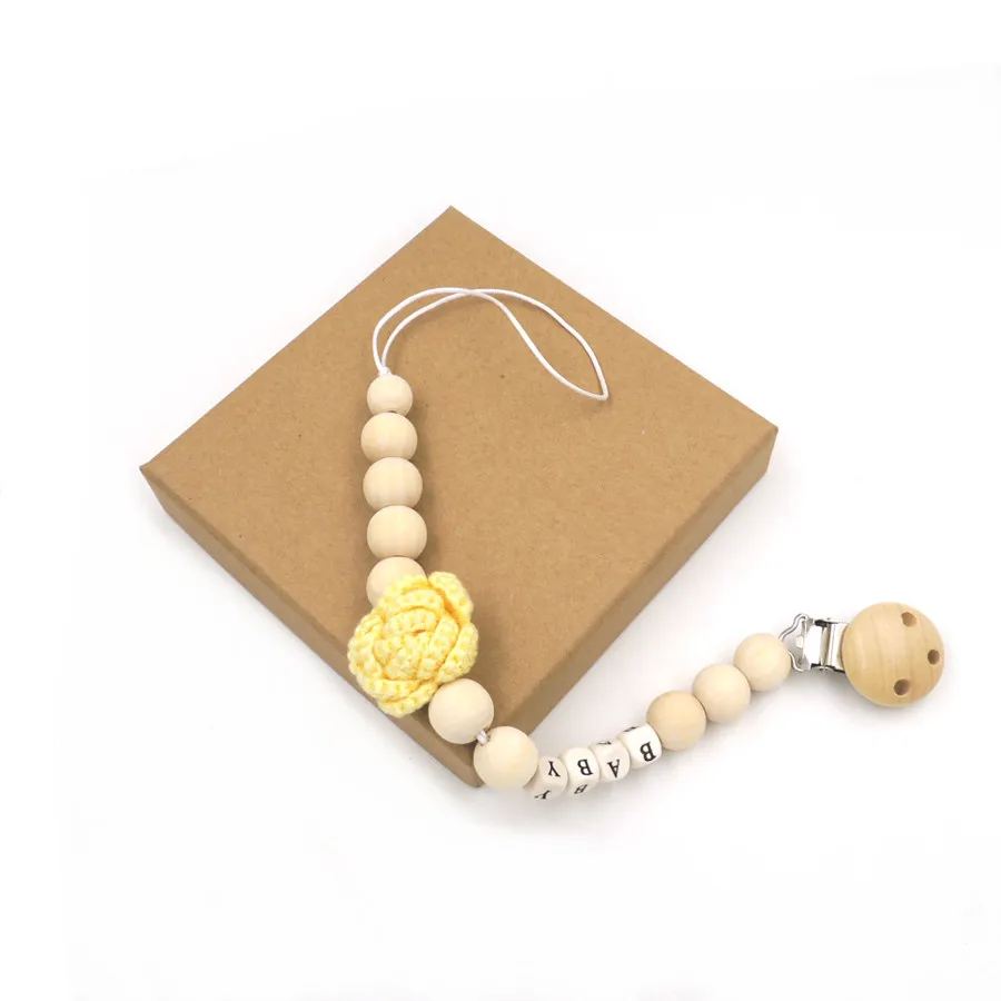 3 pcs Natural wooden soother clip,16mm wood beads handmade crochet flower dummy chain teether, pacifier clip baby gift set NT181