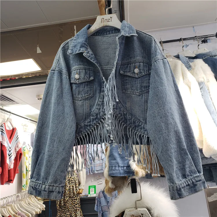 Весенне-осенняя новая Корейская женская джинсовая короткая куртка Модные нестандартные куртки с кисточками для груди женские универсальные базовые пальто для девочек