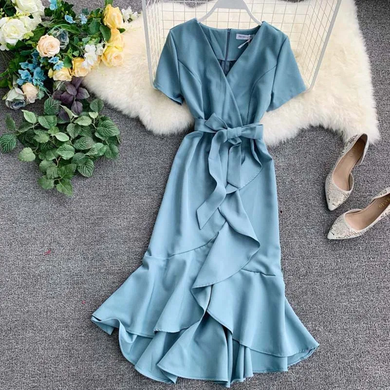 

2019 Summer Lady Causal Ruffled Short-sleeved Wrap Dress V-neck High Waist Solid Graceful Holiday Beach Women Sashes Vestidos