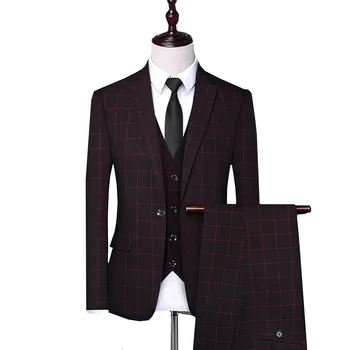 

Mens New Dress Suits Fashion Casual Slim lattice Business Office Wedding Party 3 Piece Suits Tuxedo Blazer With Pants Vest