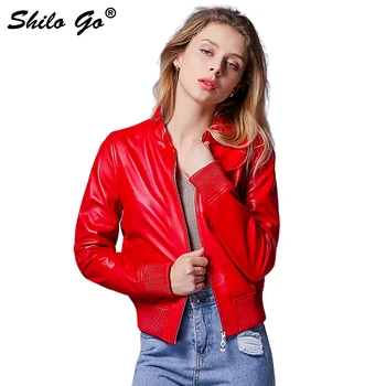 

SHILO GO Leather Jacket Autumn Fashion sheepskin genuine leather Jacket O Neck long sleeve concise loose red black Baseball coat